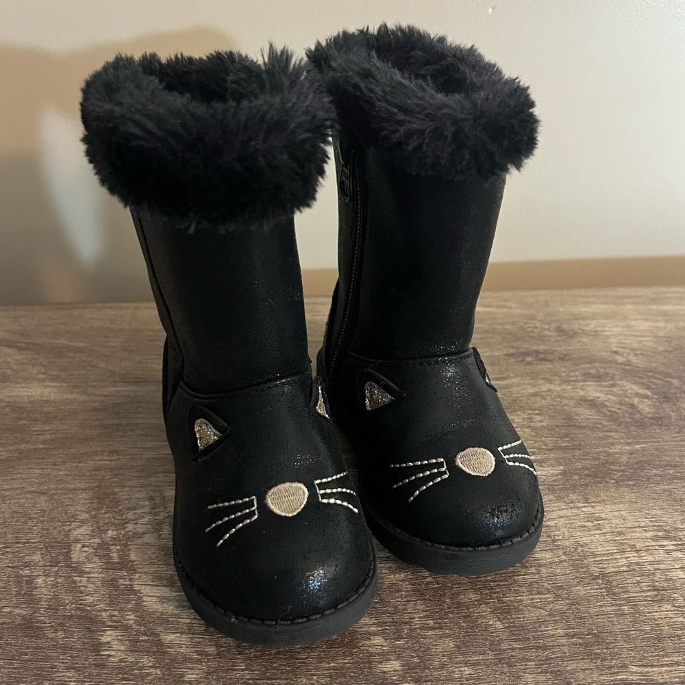 Cat & Jack Black Kitty Cat Boots Infant Size 5 Faux Fur Zipper Closure